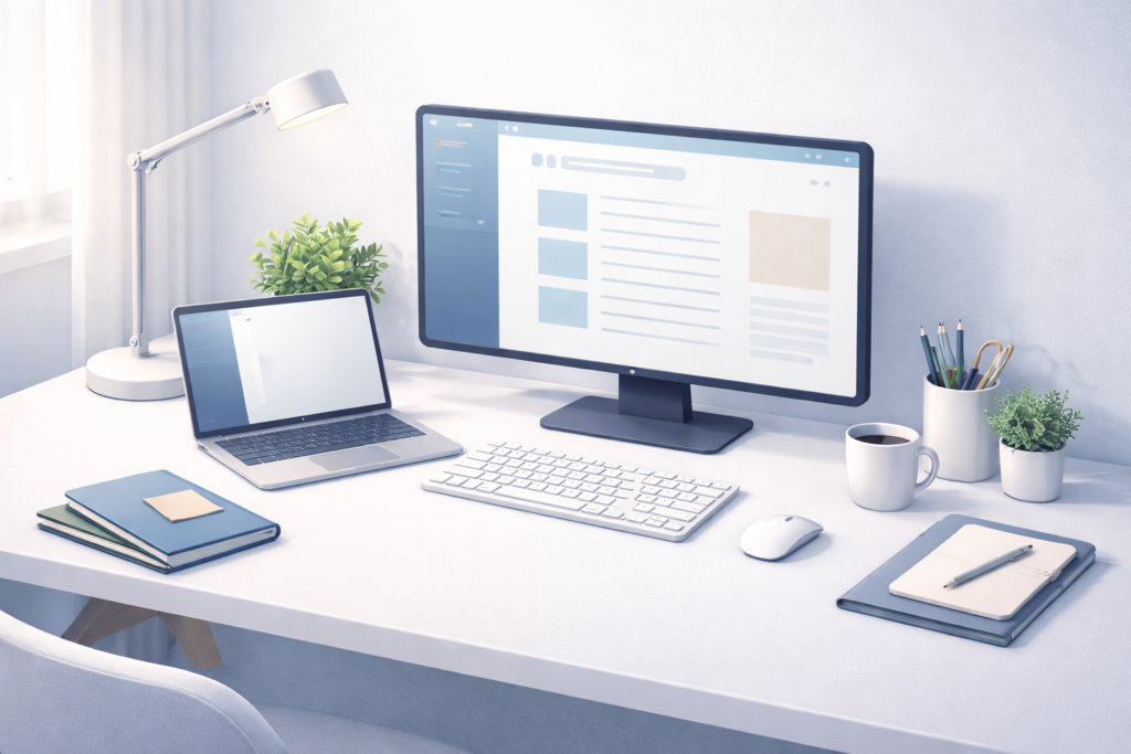 ブログ作業がはかどるデスク環境のイメージ。パソコン・モニター・ノート・文具が整った作業効率の良いワークスペース